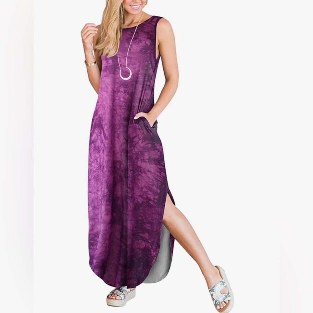 Anrabess Women Casual Loose Sundress Sleeveless Split Maxi Dress size M